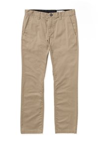 Chinos de algodón beige con una textura suave, diseño de pierna recta, bolsillos frontales y cierre con botón en la cintura.