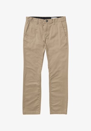 Beżowe bawełniane chinosy o gładkiej fakturze, prostym kroju nogawki, kieszeniach z przodu oraz zapięciu na guzik w pasie.
