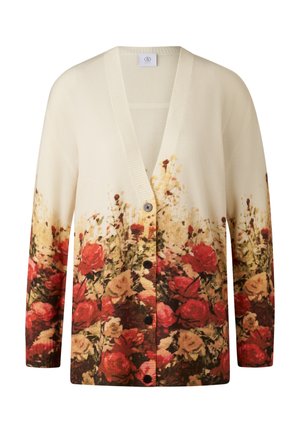 Light beige cardigan with ribbed texture, featuring a floral print in red and pink hues at the bottom, and five black buttons at the front.
