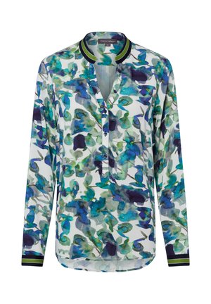 Bluse mit langen Ärmeln, abstraktem Blumenmuster in Blau, Grün und Purpur, durchgehender Knopfleiste sowie gestreiftem Kragen und Bündchen.