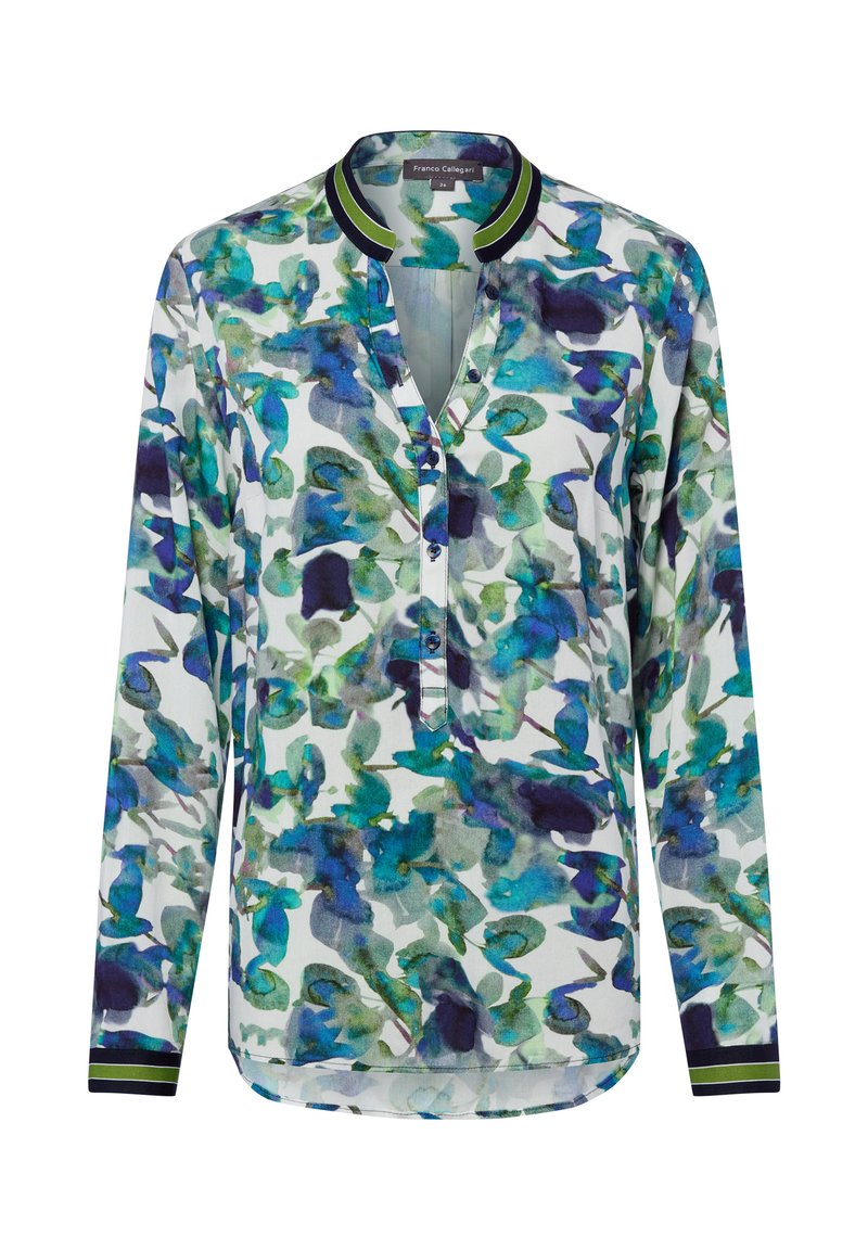 Blusa a maniche lunghe con stampa floreale astratta in blu, verde e viola, abbottonatura anteriore e colletto e polsini a righe.