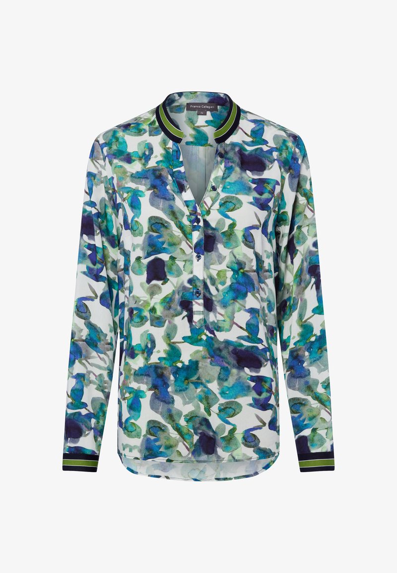 Blusa a maniche lunghe con stampa floreale astratta in blu, verde e viola, abbottonatura anteriore e colletto e polsini a righe.