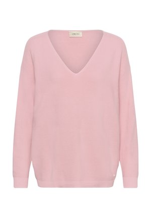 Pull en tricot rose clair à col en V et manches longues avec poignets et ourlet côtelés, présenté sur un fond blanc uni.