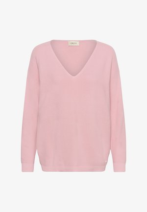 Svetloružový sveter s hlbokým výstrihom do V, dlhými rukávmi a rebrovanými manžetami a lemom, zobrazený na bielom pozadí.