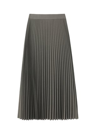 Jupe plissée en gris foncé, fabriquée en tissu léger. Présente une taille lisse et des détails de pliage verticaux sur toute sa surface.