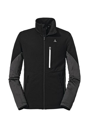 Schwarze Jacke mit grauen Akzenten, mit Reißverschlusstaschen, hohem Kragen und strapazierfähigem Stoff. Sie verfügt über einen weißen Reißverschlussanhänger und ein Logo auf der Brust.