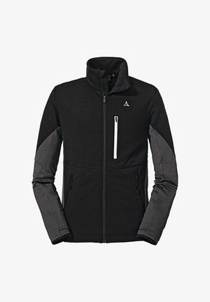 Schwarze Jacke mit grauen Akzenten, mit Reißverschlusstaschen, hohem Kragen und strapazierfähigem Stoff. Sie verfügt über einen weißen Reißverschlussanhänger und ein Logo auf der Brust.