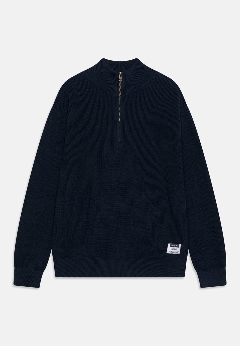 Pull en maille côtelée marine avec col haut et fermeture éclair mi-hauteur, avec un petit logo cousu en bas à gauche. Texture douce.