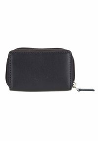 Black leather zippered wallet with a smooth texture, rectangular shape, and a small zipper pull tab on the side. No visible patterns or accents.