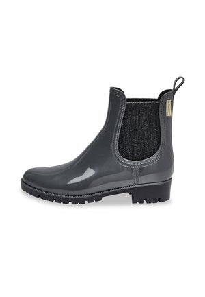 Gray rubber ankle boots with a high-shine finish, elastic side panels, and textured fabric. Features a chunky sole for grip.