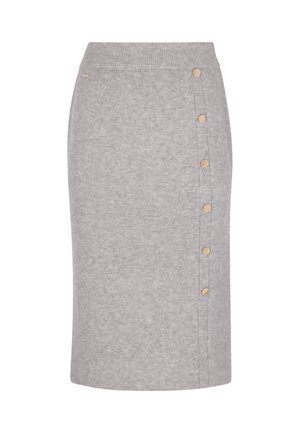 Harmaa ribbed midi-hame, jossa on kapea muotoilu, korkea vyötärö ja viisi kultakupuista nappia vasemmalla puolella. Sileä rakenne.