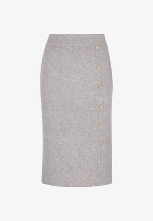 Šedá pruhovaná midi sukňa s priliehavým strihom, s vysokým pásom a radom piatich zlatých gombíkov po ľavej strane. Hladká štruktúra.