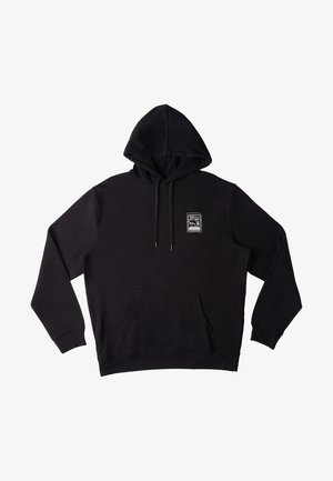 Sweat à capuche noir avec une poche avant kangourou, une capuche à cordon de serrage et une petite étiquette graphique sur la poitrine. Fabriqué en tissu doux en mélange de coton.