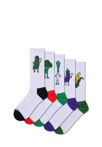 Sæt med fem par hvide sokker med farverige grøntsagsdesigns: sylteagurk, broccoli, forårsløg, aubergine og majs, med forskellige farver på tåspidserne.