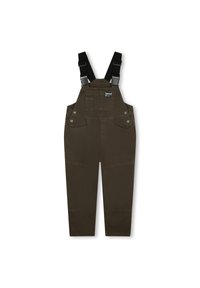 Salopette marron foncé fabriquée dans un tissu résistant, dotée de bretelles noires réglables, de plusieurs poches et de détails en bouton vert.
