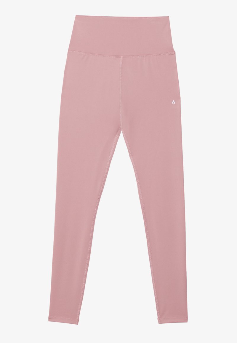 Roze legging met hoge taille gemaakt van rekbare stof. Heeft een gladde textuur met een logo-accent op de linkerheup en gestikte naden.
