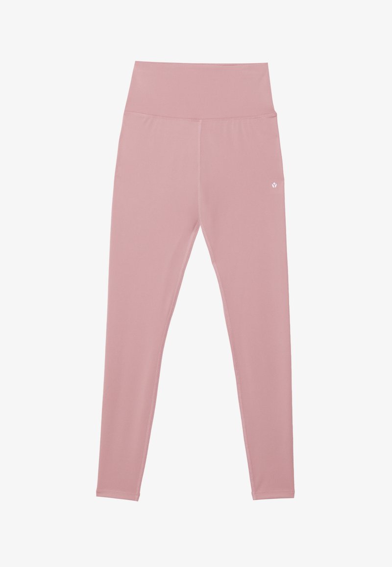 Roze legging met hoge taille gemaakt van rekbare stof. Heeft een gladde textuur met een logo-accent op de linkerheup en gestikte naden.