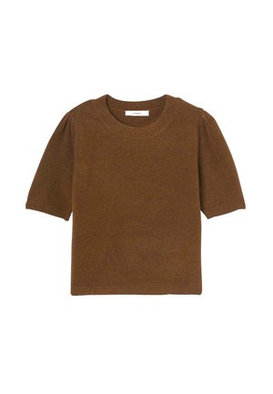 Haut en tricot marron à manches courtes avec un col rond, des manches bouffantes, une texture douce et une silhouette ajustée. Aucun motif ni accent visible.