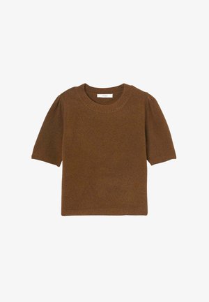 Haut en tricot marron à manches courtes avec un col rond, des manches bouffantes, une texture douce et une silhouette ajustée. Aucun motif ni accent visible.