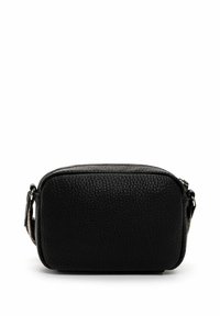 Black leather crossbody bag with a textured surface, rectangular shape, top zip closure, and adjustable strap. Simple and functional design.