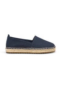 Espadrille en toile marine avec une semelle plate, dotée d'un intercalaire en corde de jute et d'un design à enfiler sans lacets ni matériels.