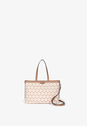 Borsa tote rettangolare beige con manici e rifiniture in pelle color cuoio, caratterizzata da un motivo geometrico a catena e una tracolla regolabile.