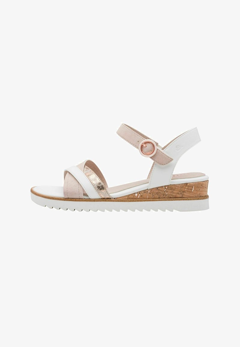 Sandale pour femme blanche et beige avec talon compensé en liège, bride avec boucle, et lanières croisées à l'avant sur fond blanc.