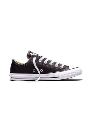 Zwarte lage canvas sneaker met witte rubberen zool en witte veters, vanaf de zijkant getoond op een witte achtergrond.