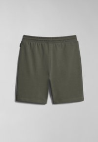 Pantalones cortos de mezcla de algodón verde con cintura elástica, que presentan una textura suave y un diseño sencillo; corte a la altura de la rodilla sin bolsillos.