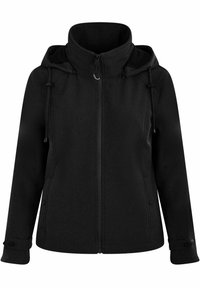 Zwarte hoodie met een volledige rits aan de voorkant, verstelbare trekkoorden en drukknoopmanchetten. Beschikt over een soepele textuur en een eigentijds ontwerp.