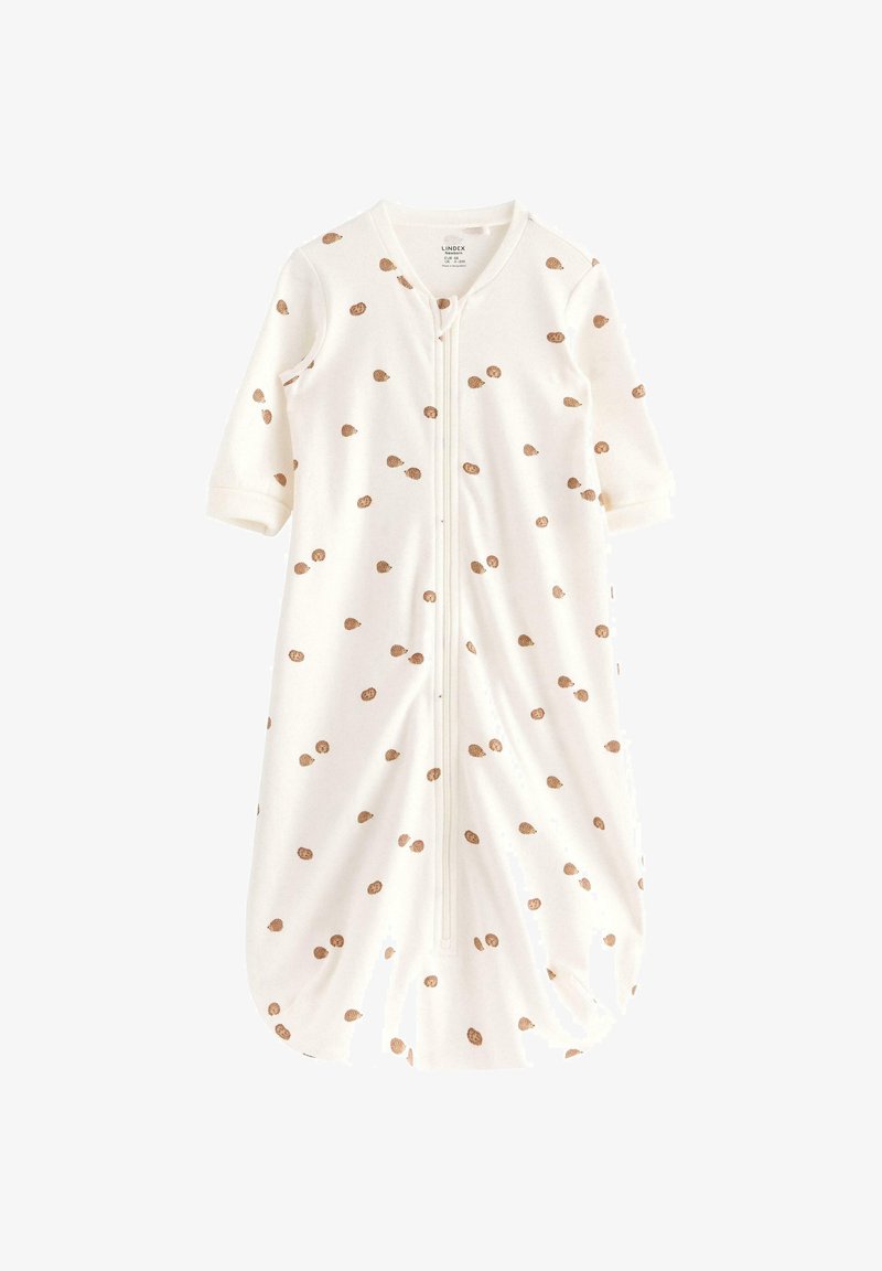 Langsleeve slaapzak van crèmekleurige stof met kleine goudbruine stippen, voorzien van een ritssluiting aan de voorkant en een ronde zoom voor gemak in beweging.