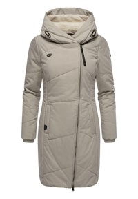 Gray, hooded winter coat with a zip closure, quilted texture, two side pockets, and adjustable drawstrings around the hood.