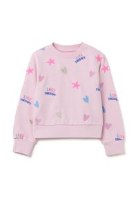 Sudadera rosa con cuello redondo, decorada con estrellas y corazones bordados en varios colores, con el texto "LOVE THERAPY" en diferentes tonalidades.