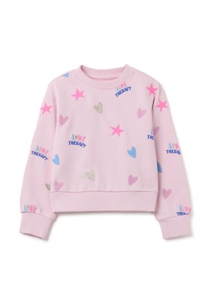 Felpa rosa con scollo rotondo, con stelle e cuori ricamati multicolori, e il testo "LOVE THERAPY" in vari colori.