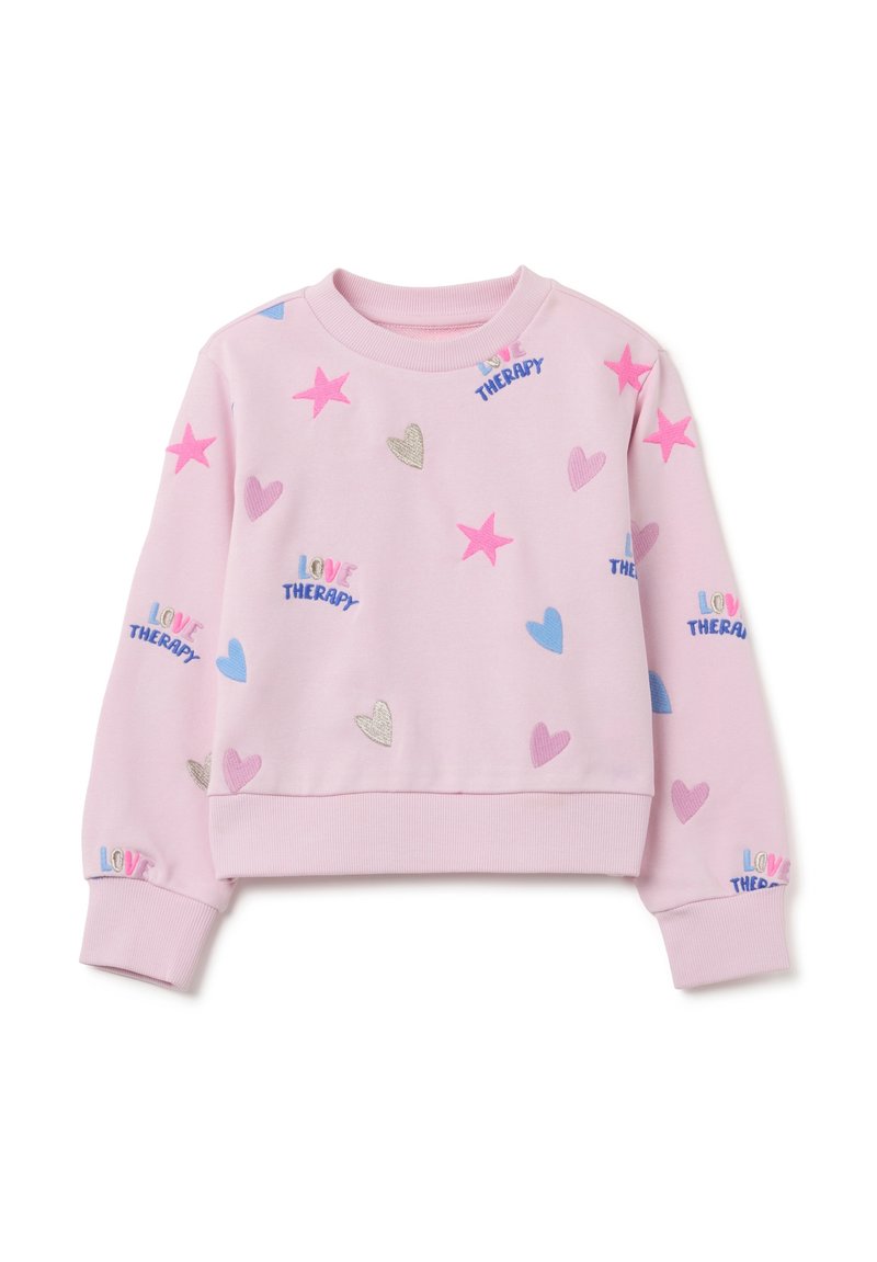 Sudadera rosa con cuello redondo, decorada con estrellas y corazones bordados en varios colores, con el texto "LOVE THERAPY" en diferentes tonalidades.