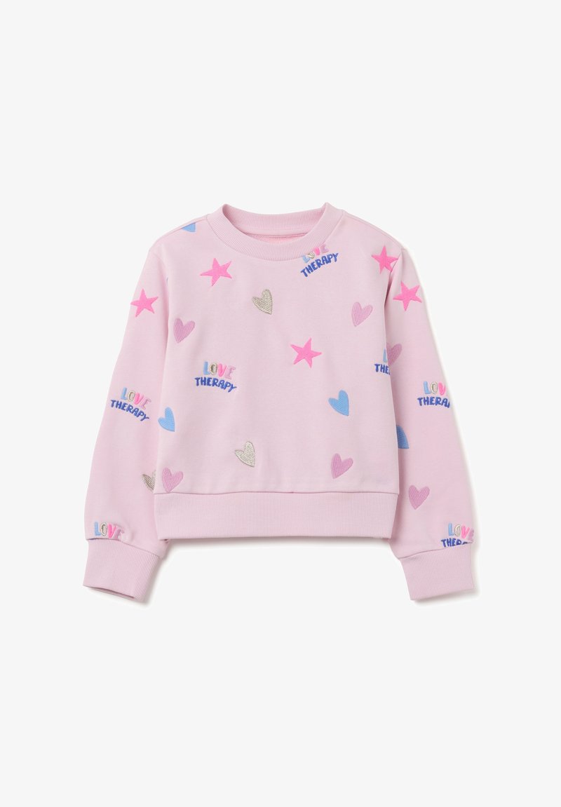 Sudadera rosa con cuello redondo, decorada con estrellas y corazones bordados en varios colores, con el texto "LOVE THERAPY" en diferentes tonalidades.