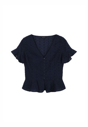 Blusa blu navy a maniche corte con scollatura a V, dotata di bottoni sul davanti e orlo a peplum. Realizzata in tessuto testurizzato con dettagli in pizzo.