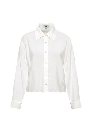 Weißes Langarmhemd mit Knopfverschluss, großem Kragen und bündchenförmigen Ärmeln. Der strukturierte Stoff hat ein leicht zerknittertes Aussehen.