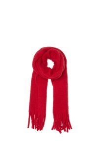 Sciarpa rossa realizzata in morbida lana strutturata, con lunghe frange su entrambe le estremità e un design ad anello per un facile indossamento.