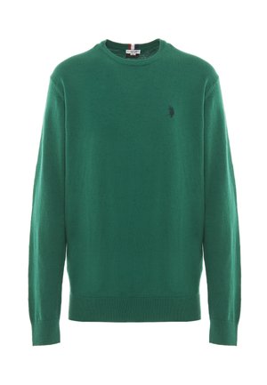 Maglione verde a maniche lunghe con scollo rotondo, con polsini e orlo a coste, piccolo logo ricamato scuro sul lato sinistro del petto.