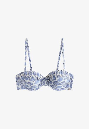 Blue and white seashell-patterned bikini top with thin adjustable straps on a white background.