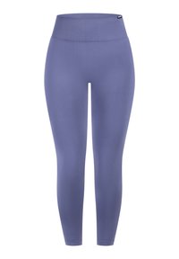 Leggings violets avec une taille haute et extensible. Texture lisse et coupe longue, adaptés pour un usage sportif ou décontracté.