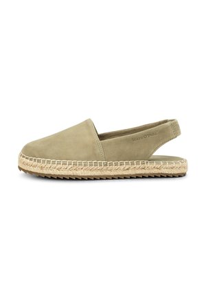 Light green suede espadrille with a flat sole, braided jute detailing, and an open-back design for easy wear. Features a smooth texture.