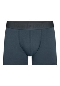 Donkerblauwe herenboxershorts van zacht materiaal. Voorzien van een brede, ribbelige zwarte tailleband met een reliëflogo. Inclusief een voortasontwerp.