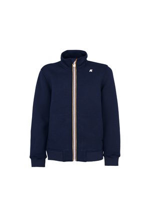 Giubbotto navy con zip realizzato in morbido misto cotone, con colletto alto, zip a contrasto e polsini e orlo a coste. Include dettagli con tasche.