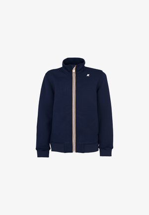 Giubbotto navy con zip realizzato in morbido misto cotone, con colletto alto, zip a contrasto e polsini e orlo a coste. Include dettagli con tasche.