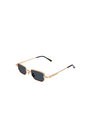 Sonnenbrille aus goldfarbenem Metall mit schwarz getönten Gläsern, rechteckigen Fassungen, strukturierten Akzenten an den Schläfen und schwarzen Gummispitzen an den Bügeln.