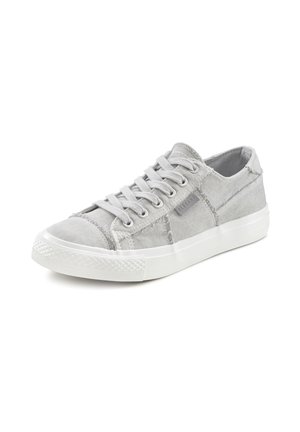 Gray canvas sneaker with white rubber sole, lace-up design, and distressed texture. Features a small logo on the side.
