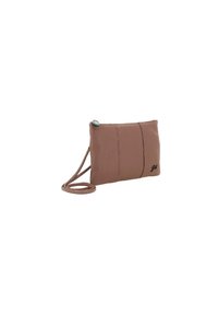 Clutch a tracolla in pelle marrone con una texture liscia, caratterizzata da tre cuciture verticali e un accento turchese sul tirante della cerniera.