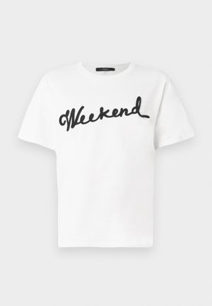 White cotton t-shirt featuring black embroidered "Weekend" text in a cursive style. Classic crew neckline and short sleeves.